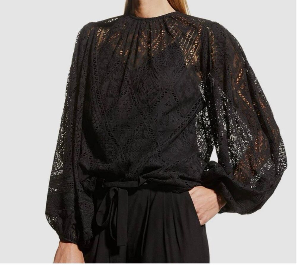 Kobi Halperin Women's Black Quinn Lace Sheer Balloon-Sleeve Blouse large